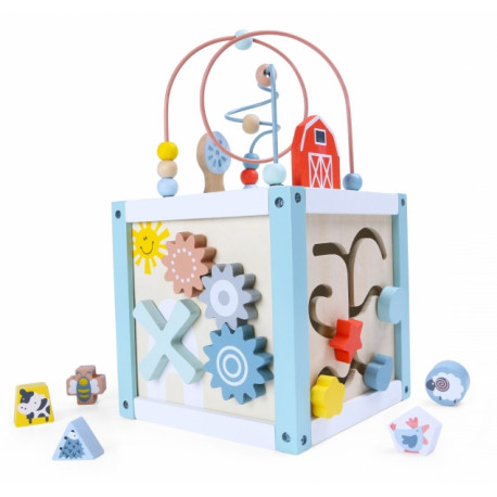 Edukačná drevená kocka s labyrintom 5v1 Eco toys, modrá