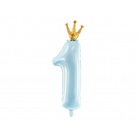 Fóliový balón číslo 1, 37x100cm, nebesky modrý s korunkou