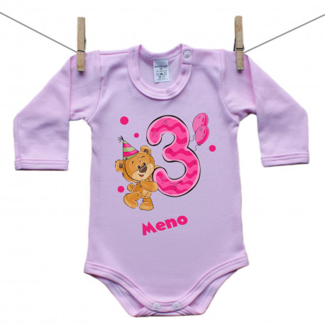 Ružové body s dlhým rukávom Mám 3 roky s medvedíkom pre dievča Ružové body s dlhým rukávom Mám 3 roky s medvedíkom pre dievča