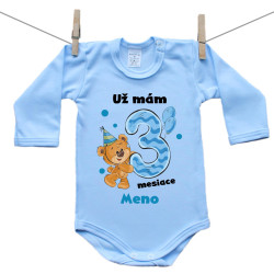 Modré body s dlhým rukávom Už mám 3 mesiace s Medvedíkom a menom dieťatka Chlapec