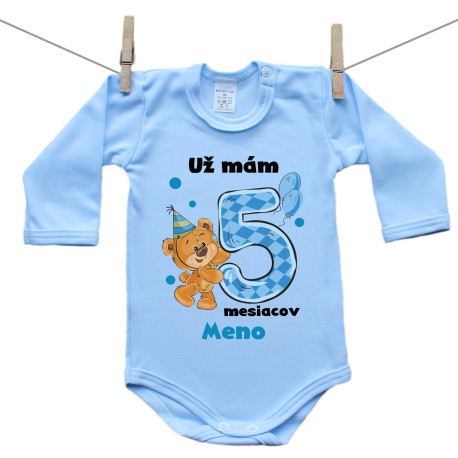 Modré body s dlhým rukávom Už mám 5 mesiacov s Medvedíkom a menom dieťatka Chlapec Modré body s dlhým rukávom Už mám 5 mesiacov s Medvedíkom a menom dieťatka Chlapec