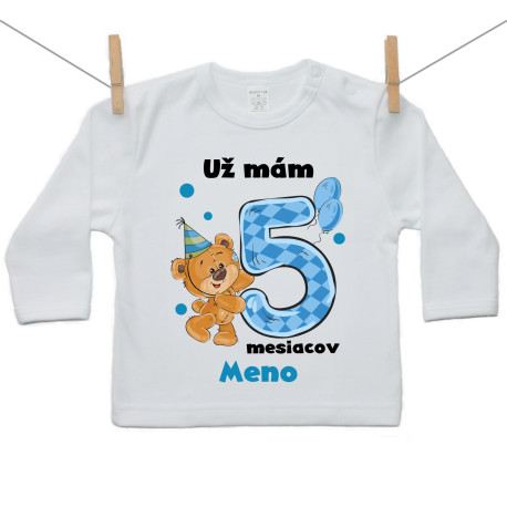 Tričko s dlhým rukávom Už mám 5 mesiacov s Medvedíkom a menom dieťatka Chlapec