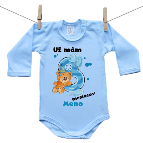 Modré body s dlhým rukávom Už mám 8 mesiacov s Medvedíkom a menom dieťatka Chlapec