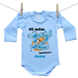 Modré body s dlhým rukávom Už mám 12 mesiacov s Medvedíkom a menom dieťatka Chlapec