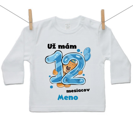 Tričko s dlhým rukávom Už mám 12 mesiacov s Medvedíkom a menom dieťatka Chlapec