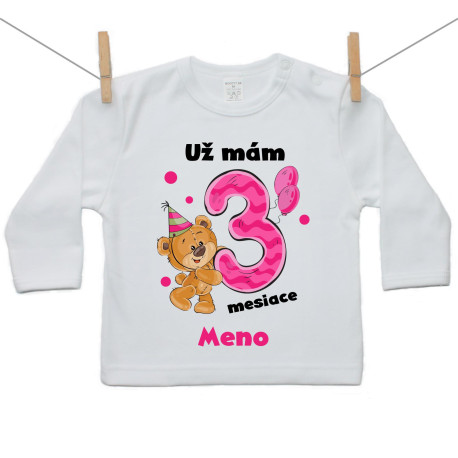 Tričko s dlhým rukávom Už mám 3 mesiace s Medvedíkom a menom dieťatka Dievča