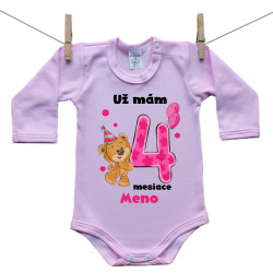 Ružové body s dlhým rukávom Už mám 4 mesiace s Medvedíkom a menom dieťatka Dievča