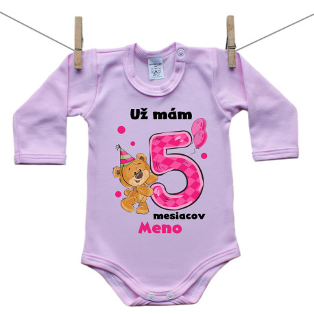 Ružové body s dlhým rukávom Už mám 5 mesiacov s Medvedíkom a menom dieťatka Dievča Ružové body s dlhým rukávom Už mám 5 mesiacov s Medvedíkom a menom dieťatka Dievča