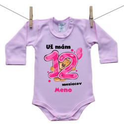 Ružové body s dlhým rukávom Už mám 12 mesiacov s Medvedíkom a menom dieťatka Dievča