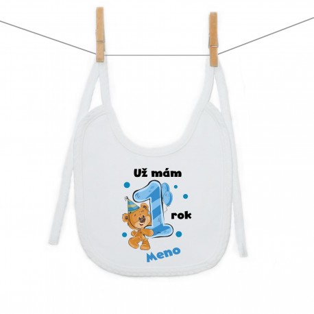 Podbradník na zaväzovanie Už mám 1 rok s Medvedíkom a menom dieťatka Chlapec
