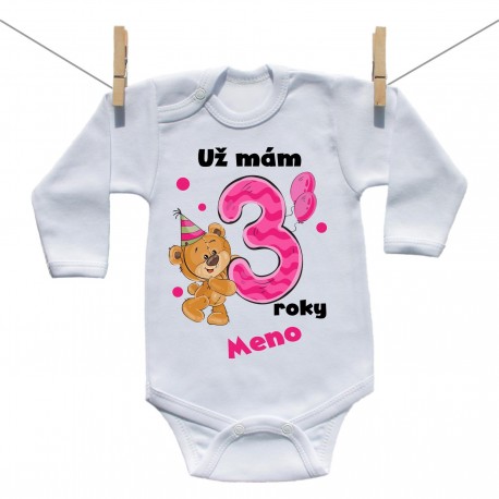 Body s dlhým rukávom Už mám 3 roky s Medvedíkom a menom dieťatka Dievča Body s dlhým rukávom Už mám 3 roky s Medvedíkom a menom dieťatka Dievča