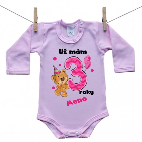 Ružové Body s dlhým rukávom Už mám 3 roky s Medvedíkom a menom dieťatka Dievča Ružové Body s dlhým rukávom Už mám 3 roky s Medvedíkom a menom dieťatka Dievča