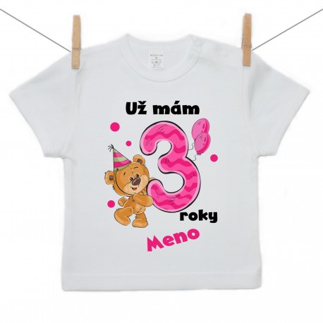 Tričko s krátkym rukávom Už mám 3 roky s Medvedíkom a menom dieťatka Dievča Tričko s krátkym rukávom Už mám 3 roky s Medvedíkom a menom dieťatka Dievča